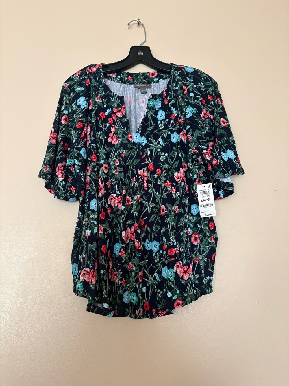 Style & Co. Black Floral V-Neck Blouse with Pink and Blue Flowers